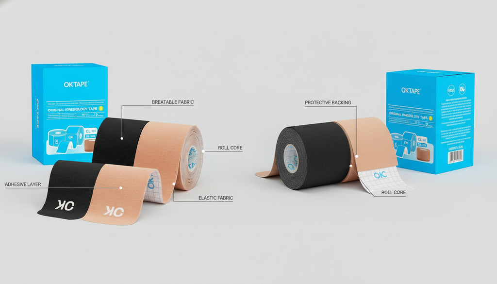 OK TAPE Kinesiology Tape 10 inches Precut 20 Strips Cotton Elastic Athletic Tape Latex Free 2inch x 16ft 2 Rolls Beige and Black