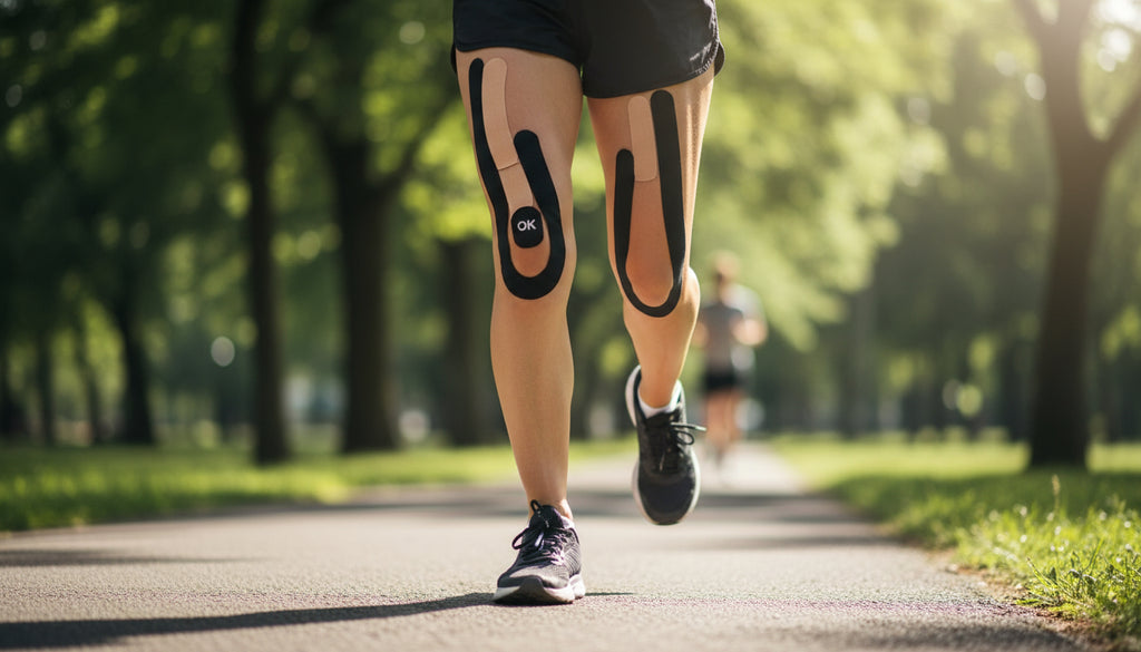 OK TAPE Kinesiology Tape 10 inches Precut 20 Strips Cotton Elastic Athletic Tape Latex Free 2inch x 16ft 2 Rolls Beige and Black