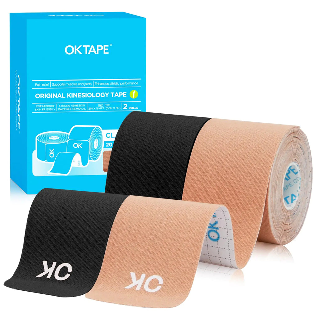 OK TAPE Kinesiology Tape 10 inches Precut 20 Strips Cotton Elastic Athletic Tape Latex Free 2inch x 16ft 2 Rolls Beige and Black